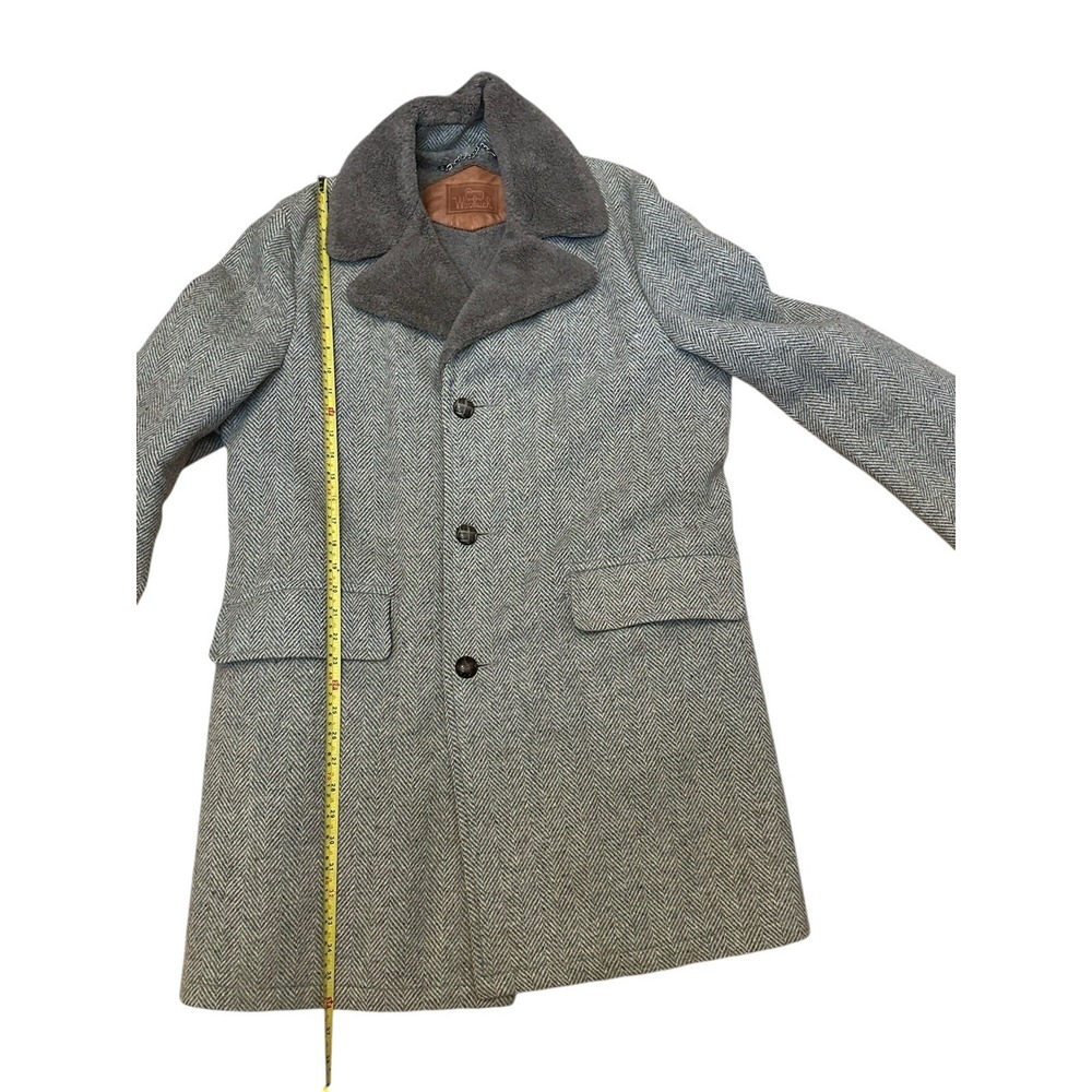 Woolrich VTG Herringbone Wool Coat Heavy Peacoat L Sz 40 Sherpa Lined Green Gray - Picture 6 of 10